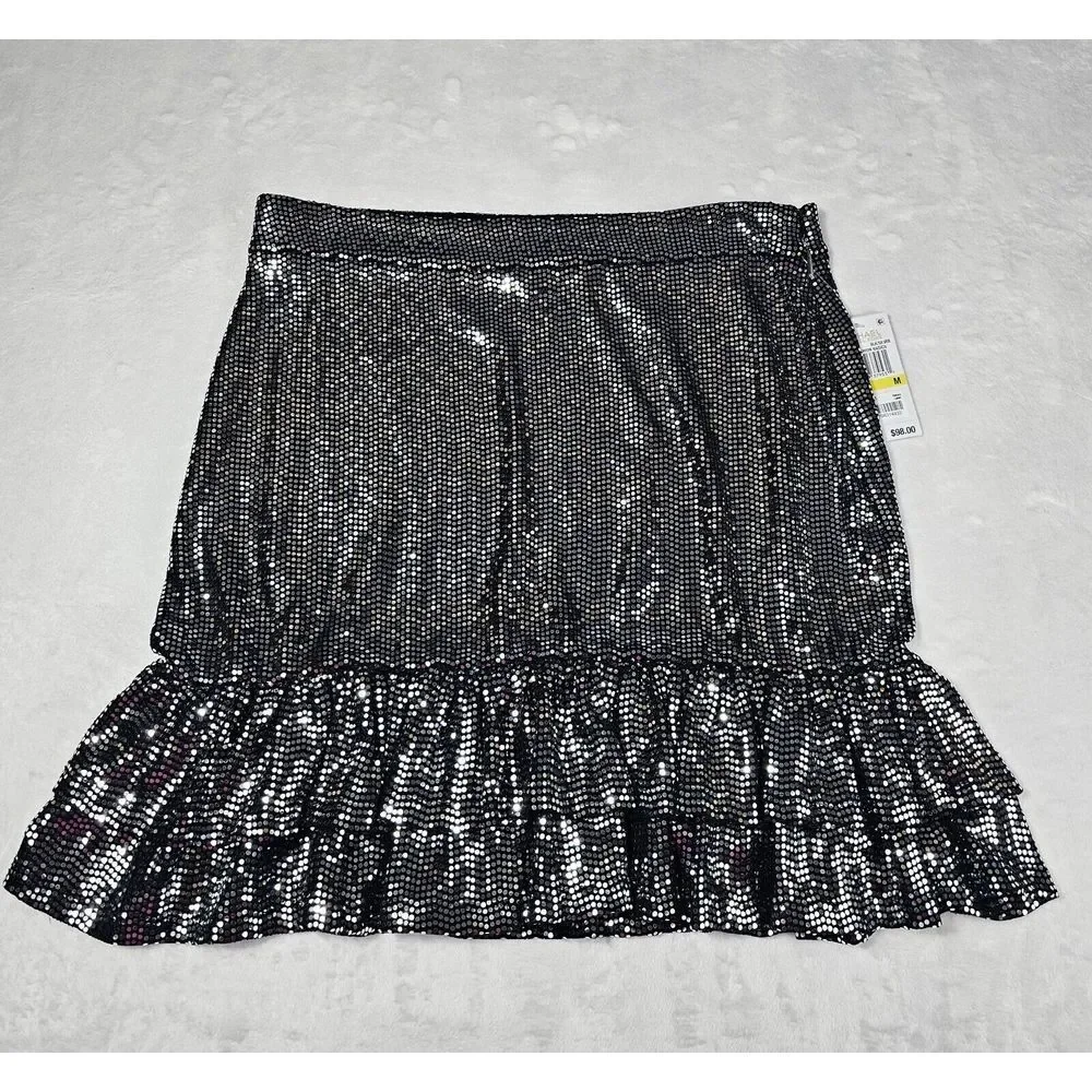 Michael Kors Medium Black Metallic Dot Tiered Ruffle Hem‎ Skirt Whimsigoth Disco